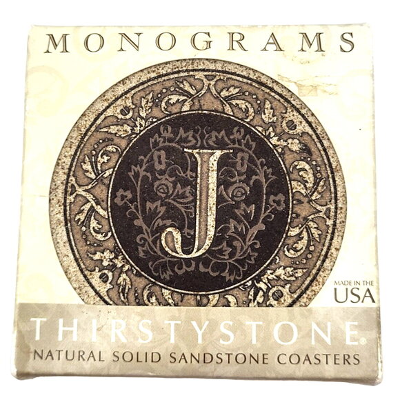 Thirstystone Monogram J Absorbent Sandstone Coaster Set of 4 Letter J In Box - Picture 1 of 10